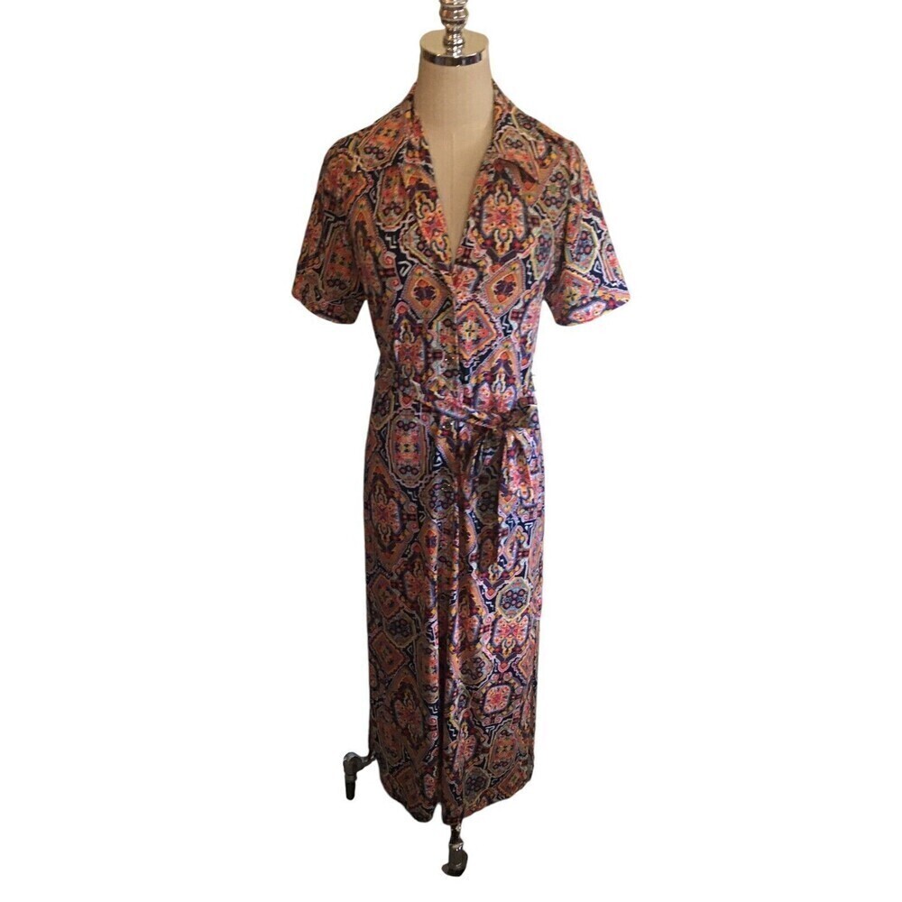 Leota Dress Women's Size Small Multicolor Geometric Short Sleeve V-Neck Tie NEW